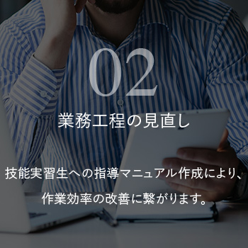 業務工程の見直し 技能実習生への指導マニュアル作成により、作業効率の改善に繋がります。